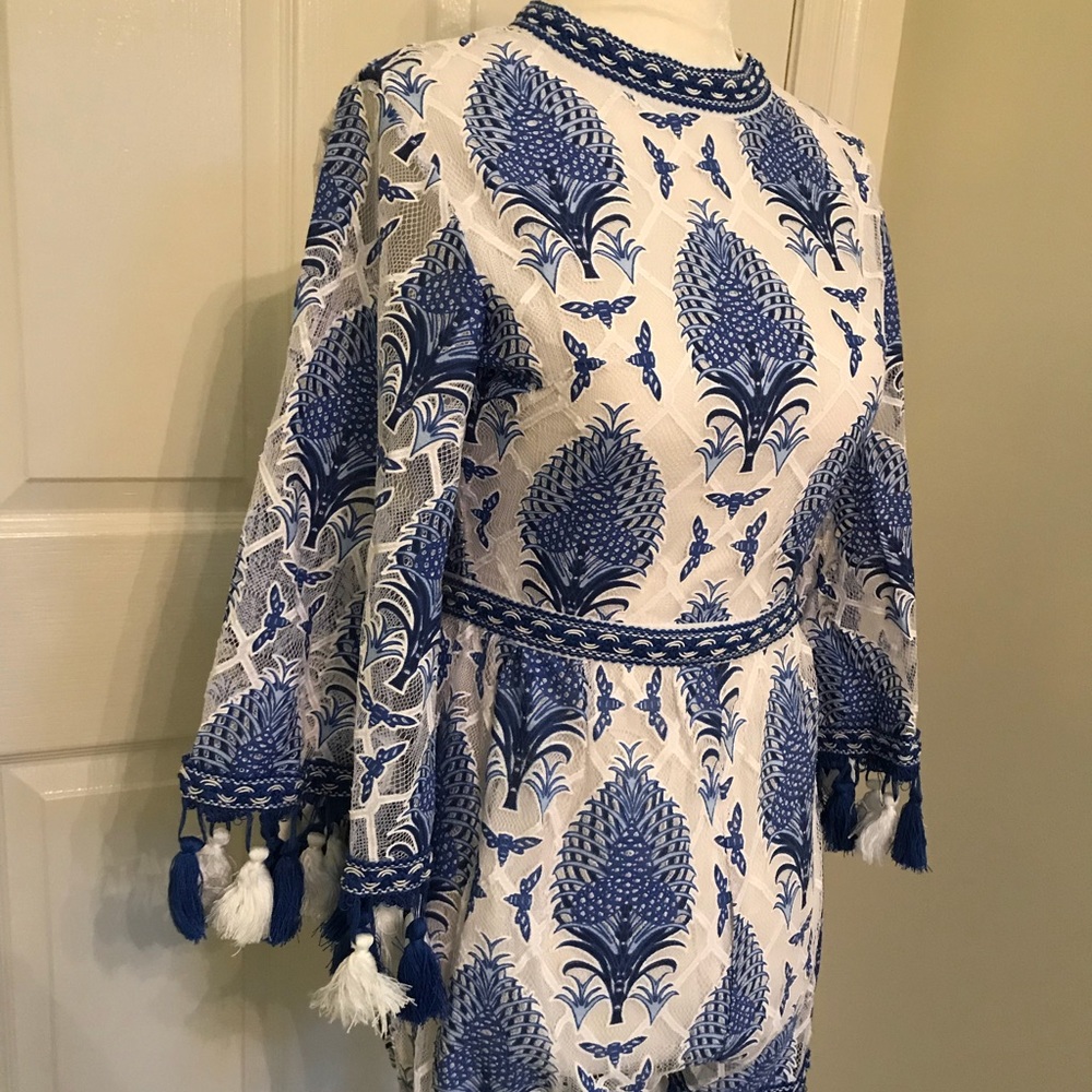 NWT Blue/White Lace Fringe Romper